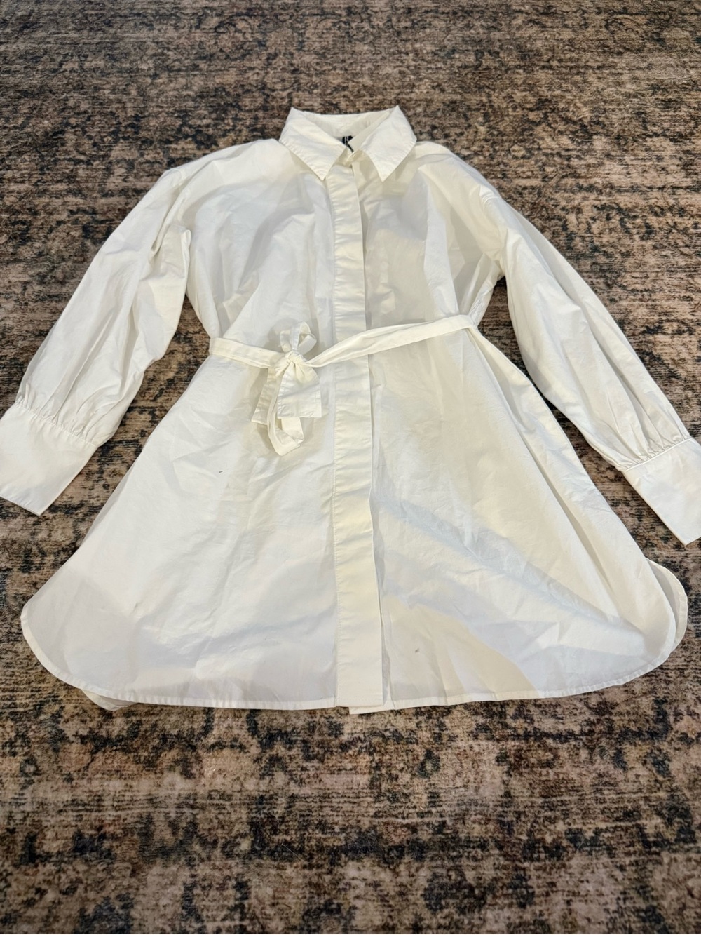 H&M White Button-Front Tie-Waist Long Sleeve Shirt Dress